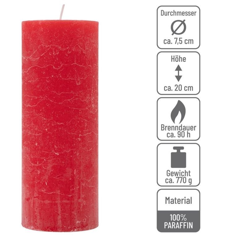 Zestaw świec rustykalnych, 20 cm, Ø 7,5 cm, czerwony, 6 szt.